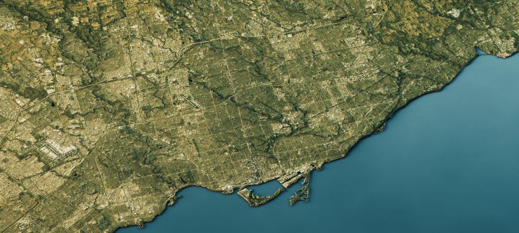 3D Render of a Topographic Map of Toronto, Canada.